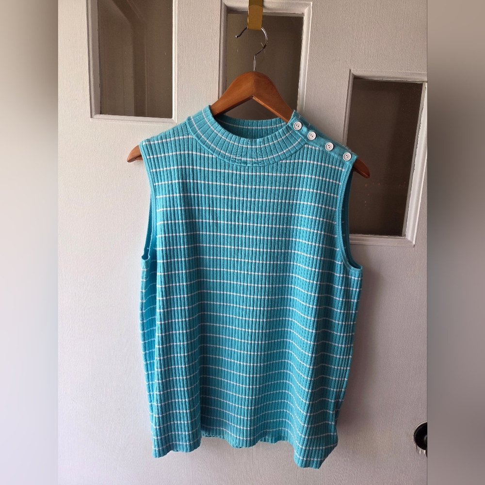 Talbots Blue Ribbed Tank Top with Button Detail